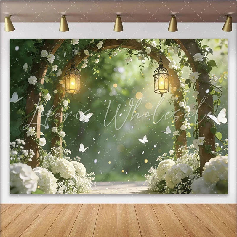 Lofaris Elegant Wooden Arch Wedding Backdrop with White Flowers and Lanterns Romantic Garden Photography Background for Ceremony