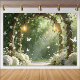 Lofaris Elegant Wooden Arch Wedding Backdrop with White Flowers and Lanterns Romantic Garden Photography Background for Ceremony