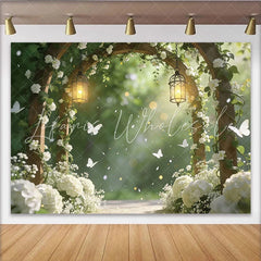Lofaris Elegant Wooden Arch Wedding Backdrop with White Flowers and Lanterns Romantic Garden Photography Background for Ceremony