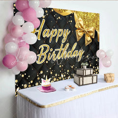 Lofaris Eleganter schwarzer und goldener Happy Birthday Partyhintergrund Glitzer-Diamanten und Schleife für luxuriöse Feiern