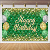 Lofaris Emerald Green Tufted Happy Birthday Backdrop with Gold Glitter Balloons Luxurious Party Background for Photo Booth Decor
