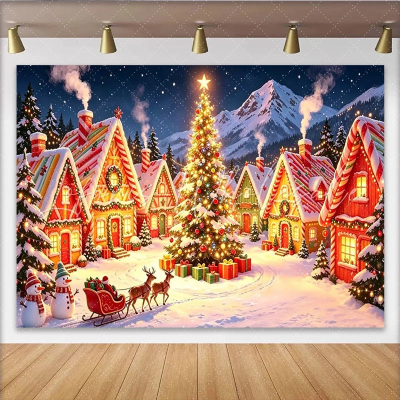 Lofaris Enchanted Christmas Village Backdrop with Snowy Houses and Bright Tree Magical Winter Scene Background for Festive Celebrations