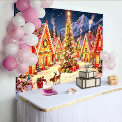 Lofaris Enchanted Christmas Village Backdrop with Snowy Houses and Bright Tree Magical Winter Scene Background for Festive Celebrations