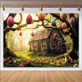 Lofaris Enchanted Easter Forest Cottage Backdrop with Colorful Eggs Spring Holiday Photography Background for Party Decor