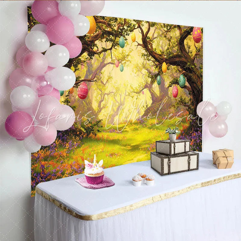 Lofaris Enchanted Easter Forest Photography Backdrop with Eggs and Lush Greenery Spring Holiday Party Background for Photoshoot