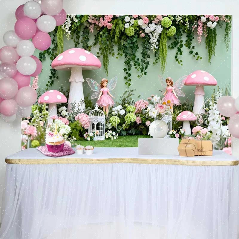 Lofaris Enchanted Fairy and Pink Mushroom Spring Backdrop Floral Vine Forest Girls Birthday Background
