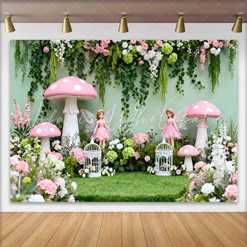 Lofaris Enchanted Fairy and Pink Mushroom Spring Backdrop Floral Vine Forest Girls Birthday Background