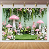 Lofaris Enchanted Fairy and Pink Mushroom Spring Backdrop Floral Vine Forest Girls Birthday Background