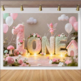 Lofaris Enchanted Fairy Garden First Birthday Party Backdrop Fluffy Pastel ONE Letters with Flowers and Balloons