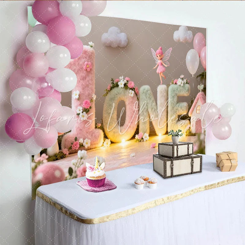 Lofaris Enchanted Fairy Garden First Birthday Party Backdrop Fluffy Pastel ONE Letters with Flowers and Balloons