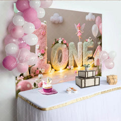 Lofaris Enchanted Fairy Garden First Birthday Party Backdrop Fluffy Pastel ONE Letters with Flowers and Balloons