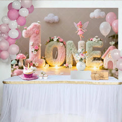 Lofaris Enchanted Fairy Garden First Birthday Party Backdrop Fluffy Pastel ONE Letters with Flowers and Balloons