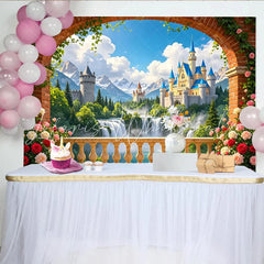 Lofaris Enchanted Fairytale Castle Photography Backdrop with Archway and Roses Dreamy Mountain Waterfall Background for Princess Party Decor