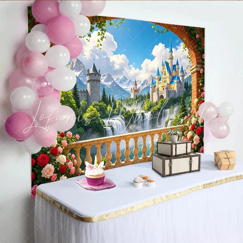 Lofaris Enchanted Fairytale Castle Photography Backdrop with Archway and Roses Dreamy Mountain Waterfall Background for Princess Party Decor