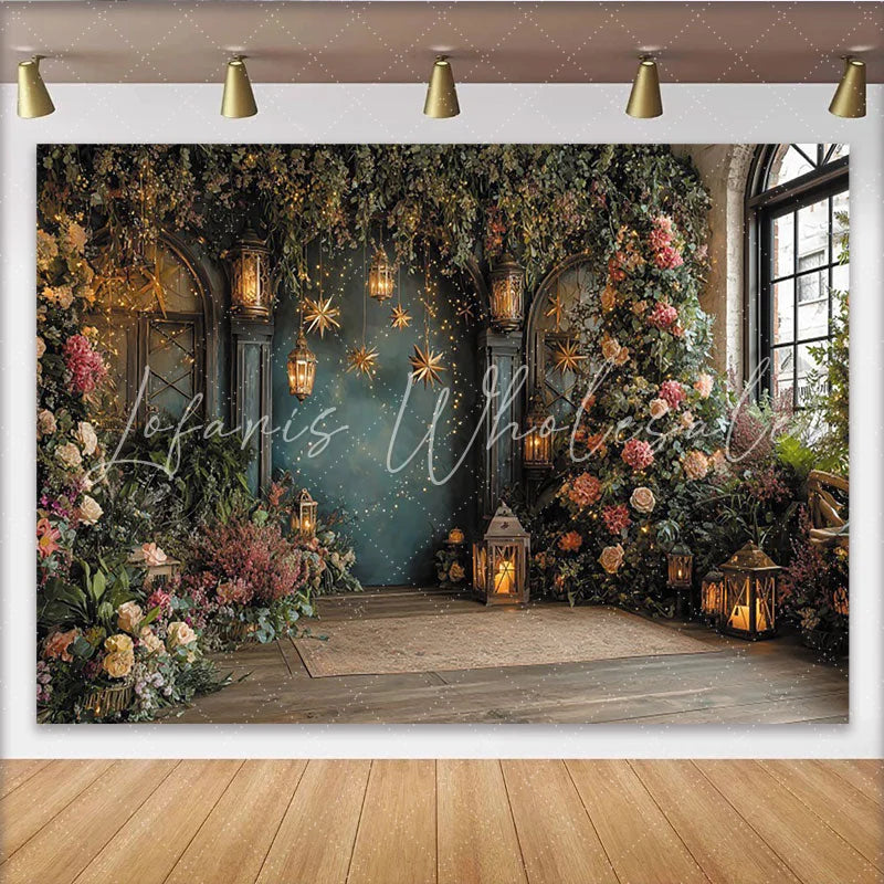 Lofaris Enchanted Floral Garden Photography Backdrop with Lanterns and Fairy Lights Elegant Studio Background for Party and Portraits