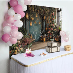 Lofaris Enchanted Floral Garden Photography Backdrop with Lanterns and Fairy Lights Elegant Studio Background for Party and Portraits