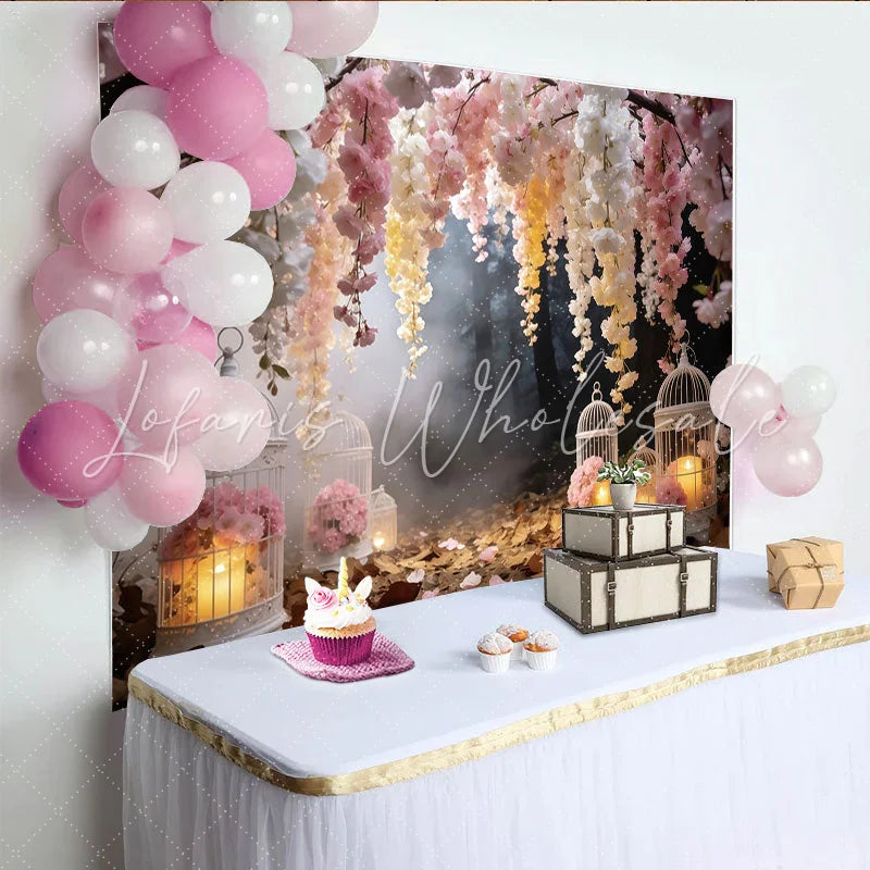 Lofaris Enchanted Forest Floral Photography Backdrop with Blossoms Romantic Birdcage Background for Studio Photography