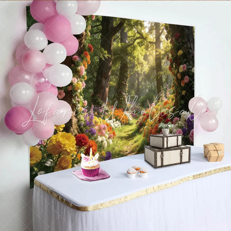 Lofaris Enchanted Forest Floral Photography Backdrop with Lush Trees and Sunlit Path Magical Studio Background for Photoshoot Decor