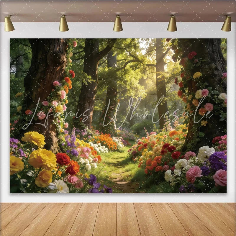 Lofaris Enchanted Forest Floral Photography Backdrop with Lush Trees and Sunlit Path Magical Studio Background for Photoshoot Decor
