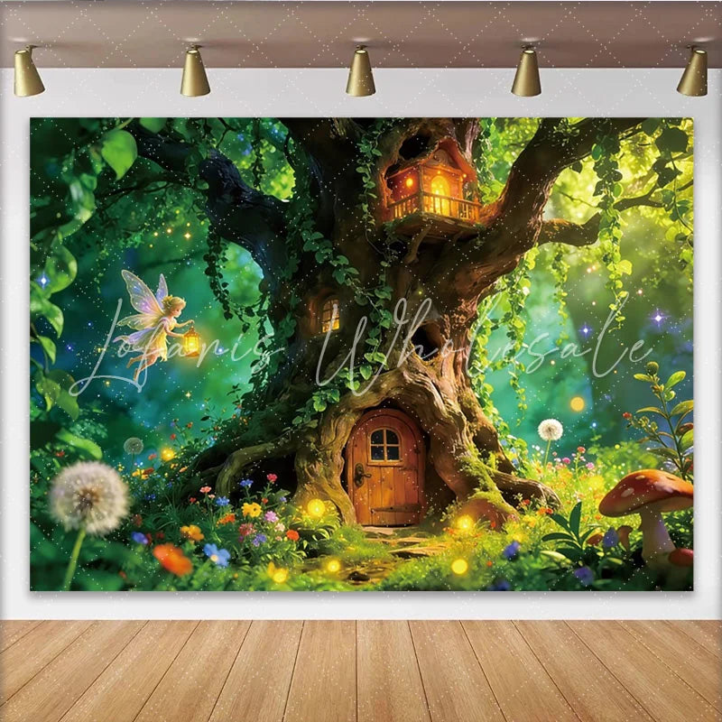 Lofaris Enchanted Forest Photography Backdrop with Fairy and Treehouse Magical Woodland Background for Kids Photoshoot