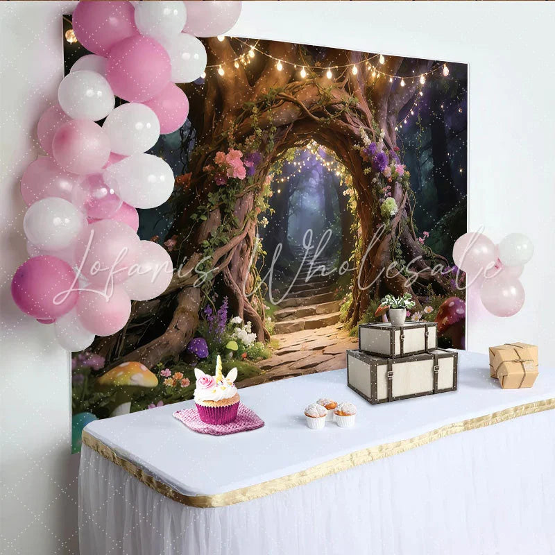 Lofaris Enchanted Forest Photography Backdrop with Tree Arch and Fairy Lights Mystical Woodland Background for Studio Photoshoot