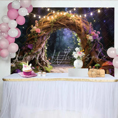 Lofaris Enchanted Forest Photography Backdrop with Tree Arch Fairy Lights and Colorful Flowers Magical Studio Background for Photoshoot