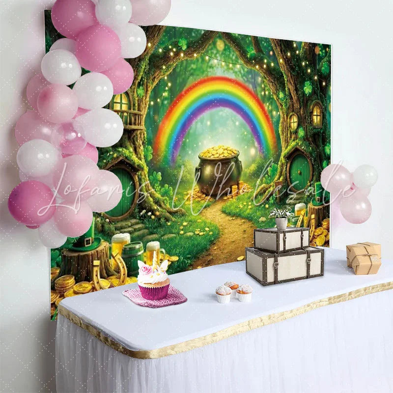 Lofaris Enchanted Forest St Patricks Day Backdrop Rainbow Pot of Gold Tree House Spring Photography Background