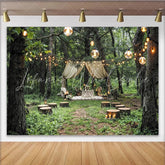Lofaris Enchanted Forest Wedding Backdrop with Draped Canopy and String Lights Rustic Outdoor Background for Romantic Event Photography