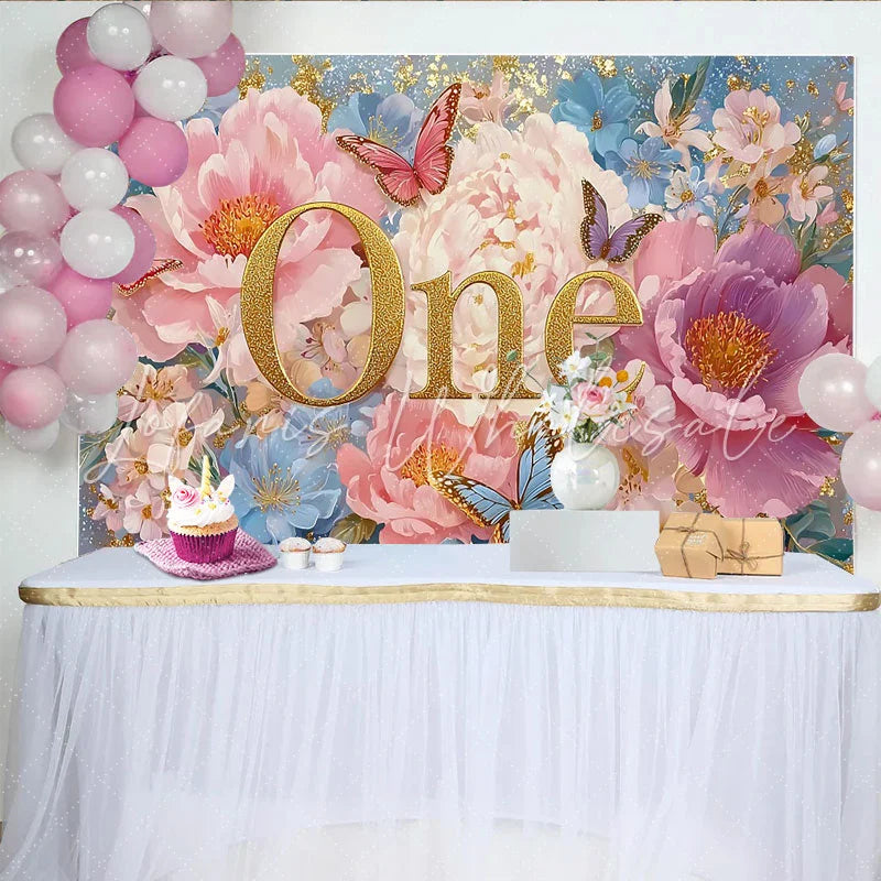 Lofaris Enchanted Garden First Birthday Photography Backdrop Golden ONE and Peony Photo Background