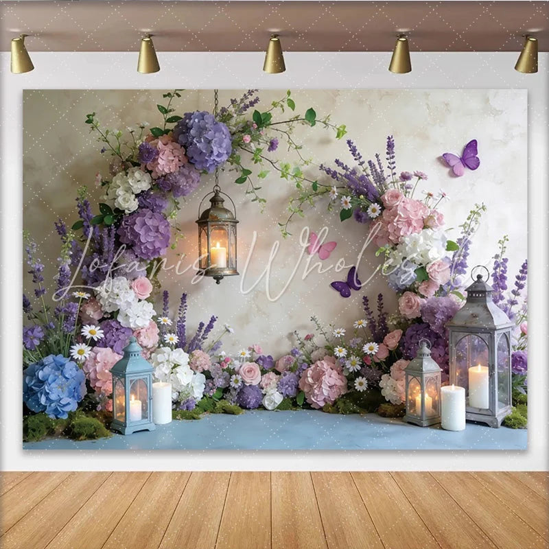 Lofaris Enchanted Garden Floral Photography Backdrop with Hydrangeas Romantic Lanterns and Butterflies Background for Photoshoot