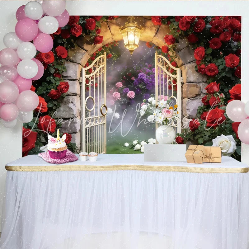 Lofaris Enchanted Garden Photography Backdrop with Red Roses and Stone Arch Elegant Photo Booth Prop for Romantic Wedding and Portrait