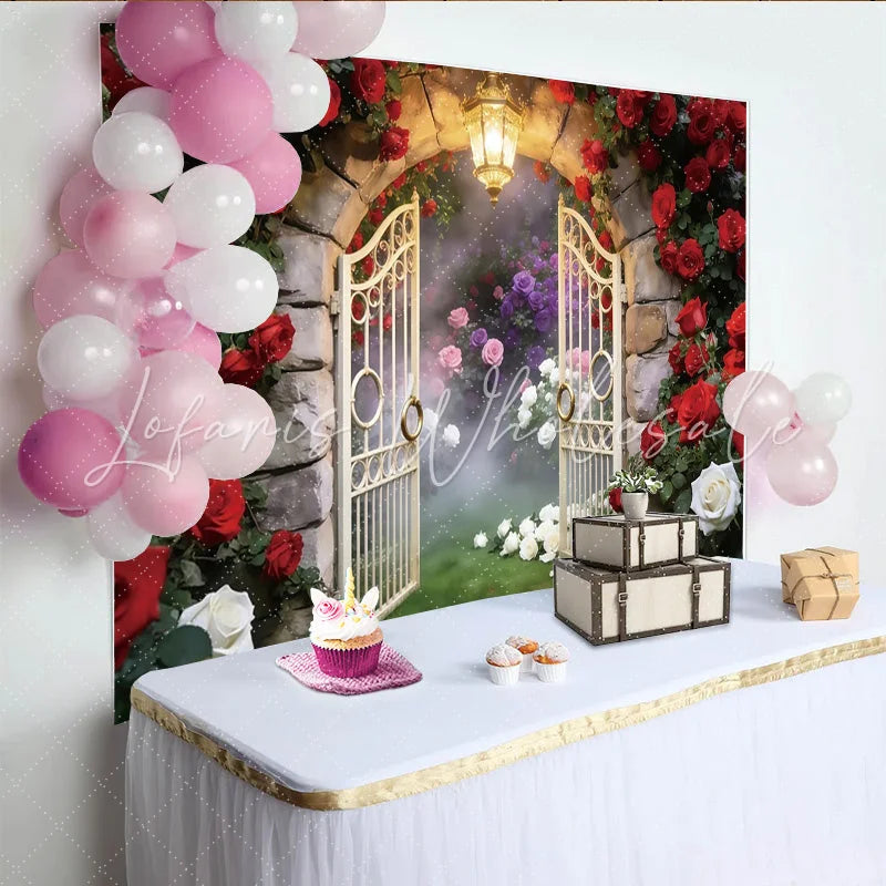 Lofaris Enchanted Garden Photography Backdrop with Red Roses and Stone Arch Elegant Photo Booth Prop for Romantic Wedding and Portrait