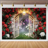 Lofaris Enchanted Garden Photography Backdrop with Red Roses and Stone Arch Elegant Photo Booth Prop for Romantic Wedding and Portrait