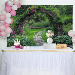Lofaris Enchanted Garden Stone Archway with Pink Flowers and Winding Path Photography Backdrop Lush Greenery Scene
