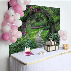 Lofaris Enchanted Garden Stone Archway with Pink Flowers and Winding Path Photography Backdrop Lush Greenery Scene