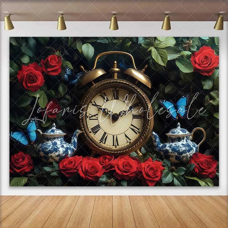 Lofaris Enchanted Garden Wedding Backdrop with Vintage Clock Red Roses and Blue Butterflies Teapots