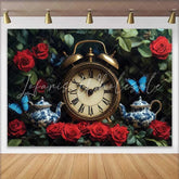 Lofaris Enchanted Garden Wedding Backdrop with Vintage Clock Red Roses and Blue Butterflies Teapots
