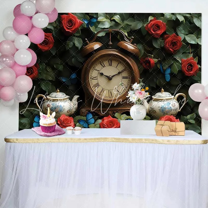 Lofaris Enchanted Garden Wedding Backdrop with Vintage Clock Red Roses and Blue Butterflies for Romantic Events