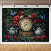 Lofaris Enchanted Garden Wedding Backdrop with Vintage Clock Red Roses and Blue Butterflies Elegant Tea Party Decor