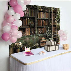 Lofaris Enchanted Library Backdrop with Green Bookshelves and Lush Greenery Vintage Floral Background for Studio Photoshoot and Portrait