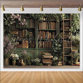 Lofaris Enchanted Library Backdrop with Green Bookshelves and Lush Greenery Vintage Floral Background for Studio Photoshoot and Portrait