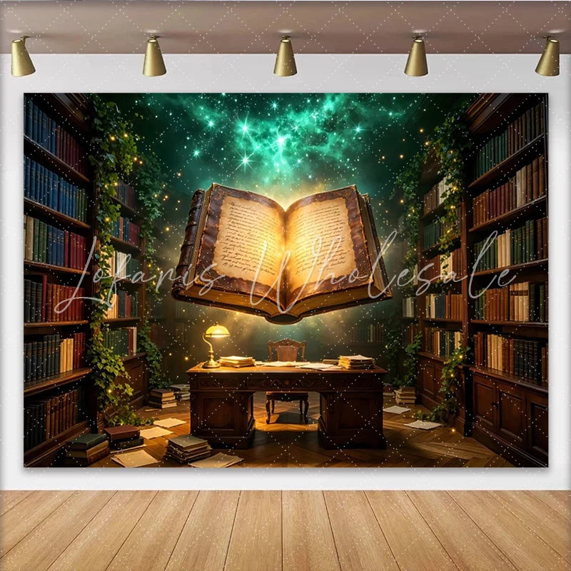 Lofaris Enchanted Magical Library Photography Backdrop with Glowing Book and Ivy Vintage Bookshelf Studio Background for Fantasy Portraits