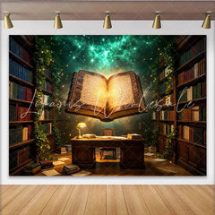 Lofaris Enchanted Magical Library Photography Backdrop with Glowing Book and Ivy Vintage Bookshelf Studio Background for Fantasy Portraits