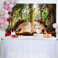 Lofaris Enchanted Once Upon A Time Fairy Tale Wedding Backdrop with Red Roses Stained Glass Window for Romantic Events