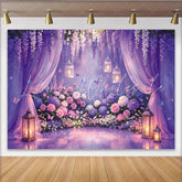 Lofaris Enchanted Purple Floral Garden Photography Backdrop with Wisteria Butterflies and Sheer Curtains Romantic Party Decor for Photoshoot