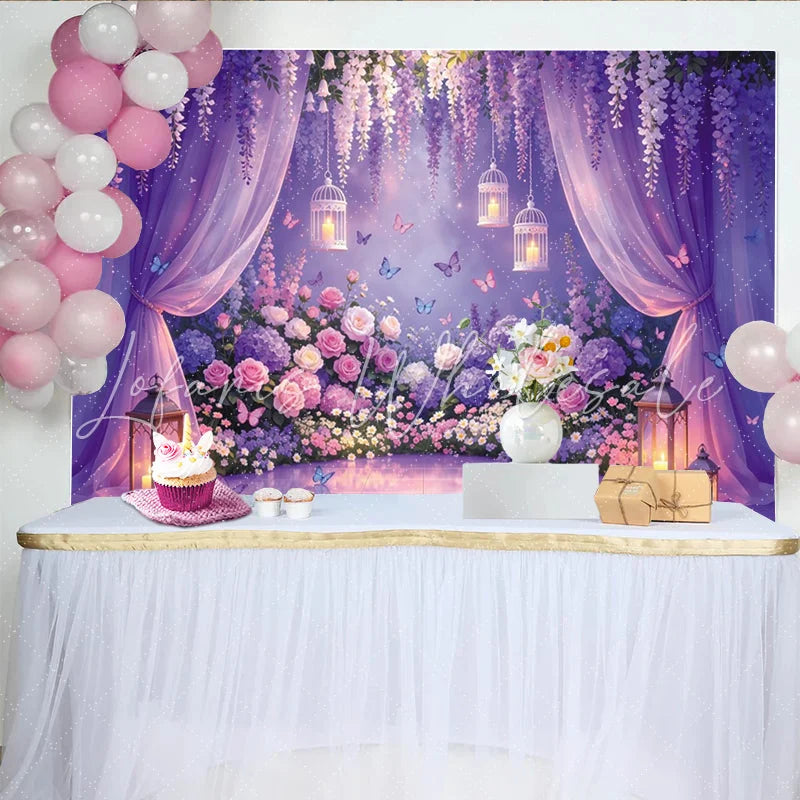 Lofaris Enchanted Purple Floral Garden Photography Backdrop with Wisteria Butterflies and Sheer Curtains Romantic Party Decor for Photoshoot