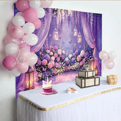 Lofaris Enchanted Purple Floral Garden Photography Backdrop with Wisteria Butterflies and Sheer Curtains Romantic Party Decor for Photoshoot