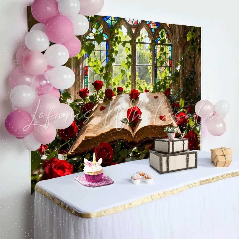 Lofaris Enchanted Stained Glass Window with Red Roses and Old Book Wedding Backdrop Romantic Fairytale Decor