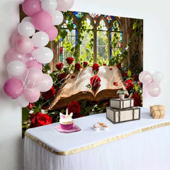 Lofaris Enchanted Stained Glass Window with Red Roses and Old Book Wedding Backdrop Romantic Fairytale Decor