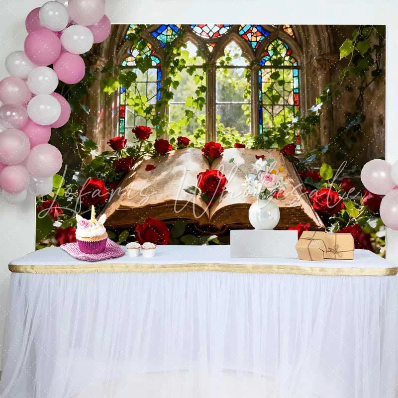 Lofaris Enchanted Stained Glass Window with Red Roses and Old Book Wedding Backdrop Romantic Fairytale Decor